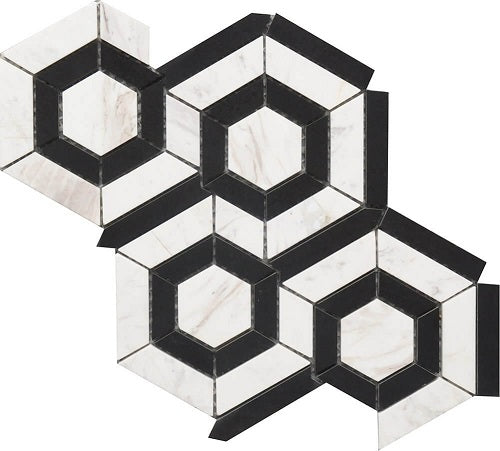 Mineralis Black White Polished Hexagon Stone & Glass Mosaic Tile-American Tile Depot