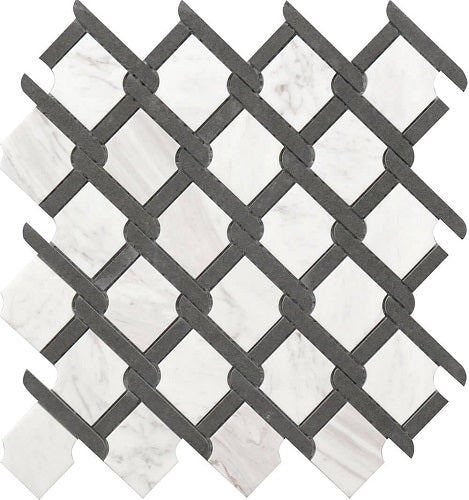 Mineralis Medallion Black & White Polished Fence Stone & Glass Mosaic Tile-American Tile Depot