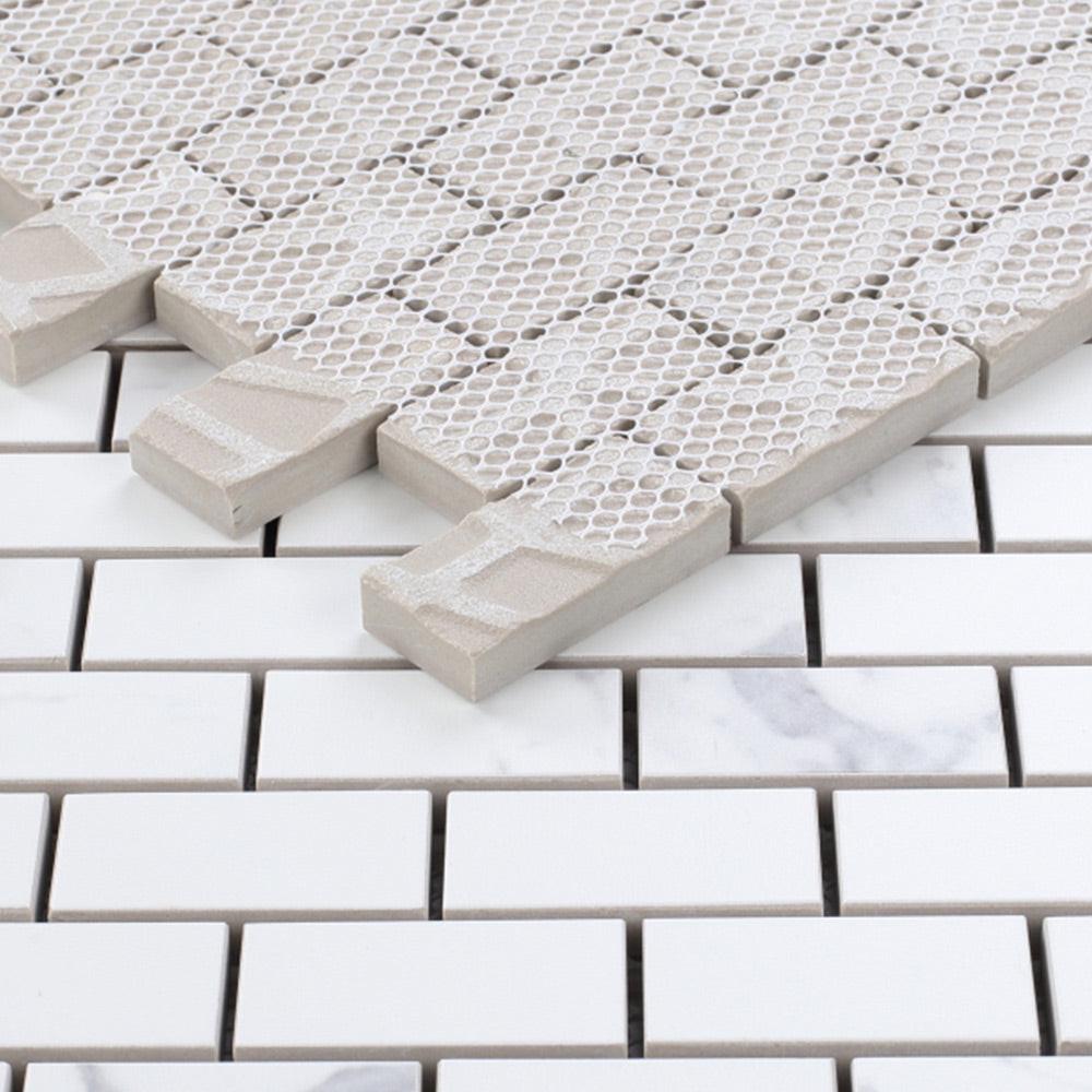 Borneo Carrara Pre Matte Brick Marble Laminated Porcelain Mosaic Tile Borneo Carrara Pre Matte Brick Marble Laminated Porcelain Mosaic Tile - American Tile Depot