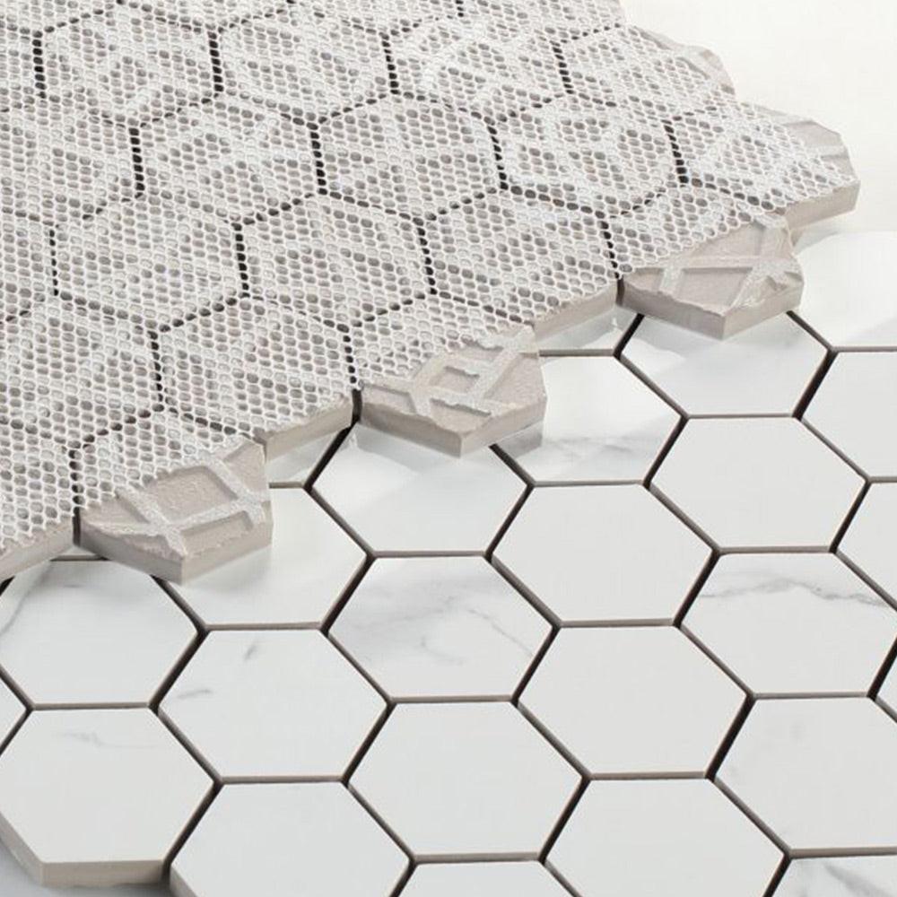 Borneo Carrara Pre Polished Hexagon Marble Laminated Porcelain Mosaic Tile Borneo Carrara Pre Polished Hexagon Marble Laminated Porcelain Mosaic Tile - American Tile Depot