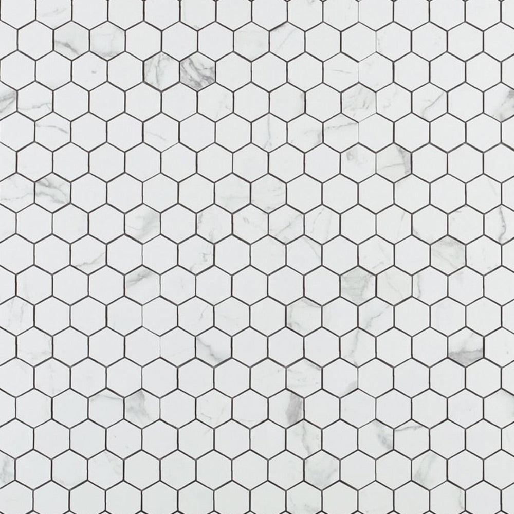 Borneo Carrara Pre Polished Hexagon Marble Laminated Porcelain Mosaic Tile Borneo Carrara Pre Polished Hexagon Marble Laminated Porcelain Mosaic Tile - American Tile Depot