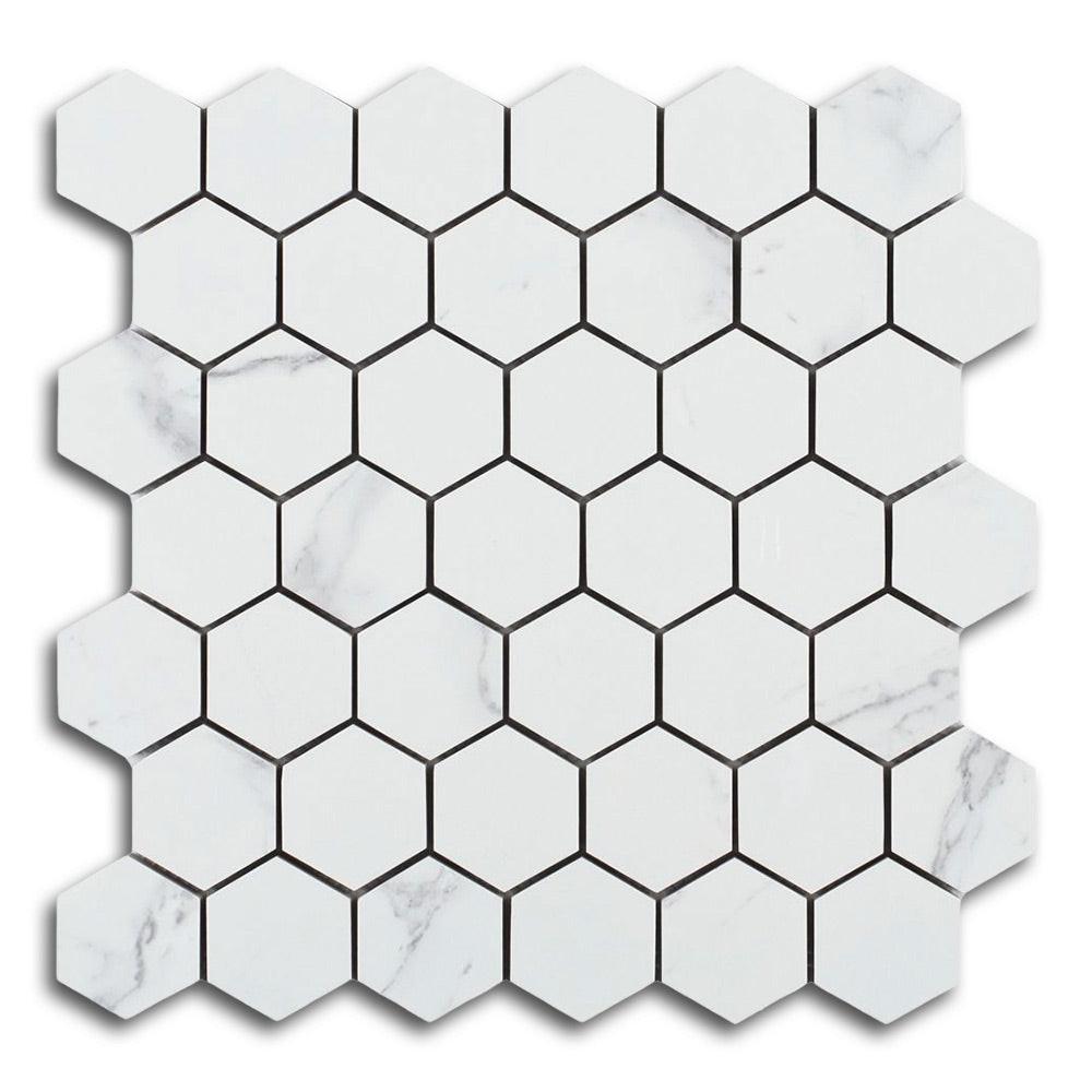 Borneo Carrara Pre Polished Hexagon Marble Laminated Porcelain Mosaic Tile Borneo Carrara Pre Polished Hexagon Marble Laminated Porcelain Mosaic Tile - American Tile Depot