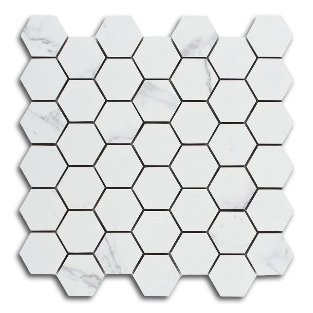 Borneo Carrara Pre Polished Hexagon Marble Laminated Porcelain Mosaic Tile Borneo Carrara Pre Polished Hexagon Marble Laminated Porcelain Mosaic Tile - American Tile Depot