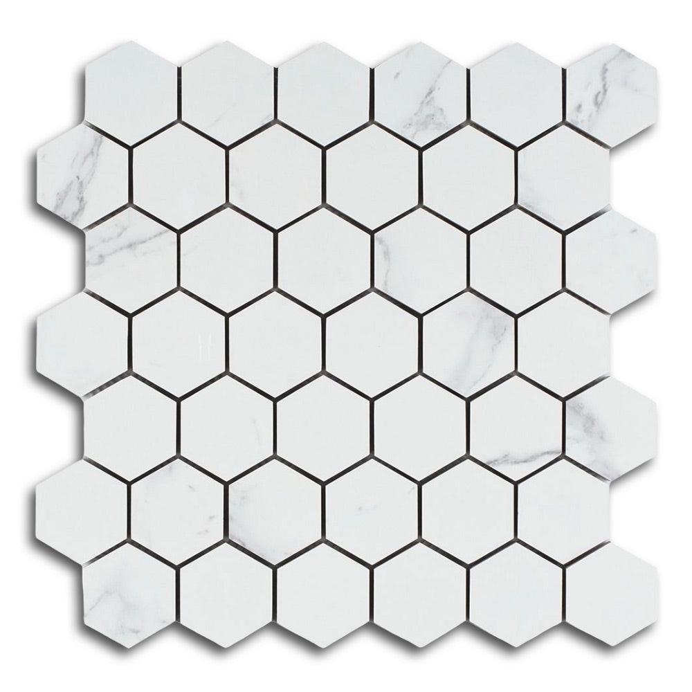 Borneo Carrara Pre Polished Hexagon Marble Laminated Porcelain Mosaic Tile Borneo Carrara Pre Polished Hexagon Marble Laminated Porcelain Mosaic Tile - American Tile Depot