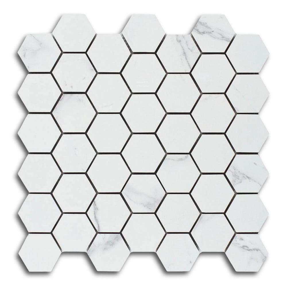 Borneo Carrara Pre Polished Hexagon Marble Laminated Porcelain Mosaic Tile Borneo Carrara Pre Polished Hexagon Marble Laminated Porcelain Mosaic Tile - American Tile Depot