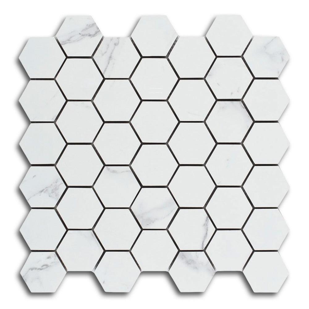 Borneo Carrara Pre Polished Hexagon Marble Laminated Porcelain Mosaic Tile Borneo Carrara Pre Polished Hexagon Marble Laminated Porcelain Mosaic Tile - American Tile Depot