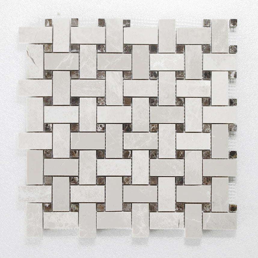 White Pearl / Botticino Marble Polished Basketweave Mosaic Tile w/ Emperador Dark Dots