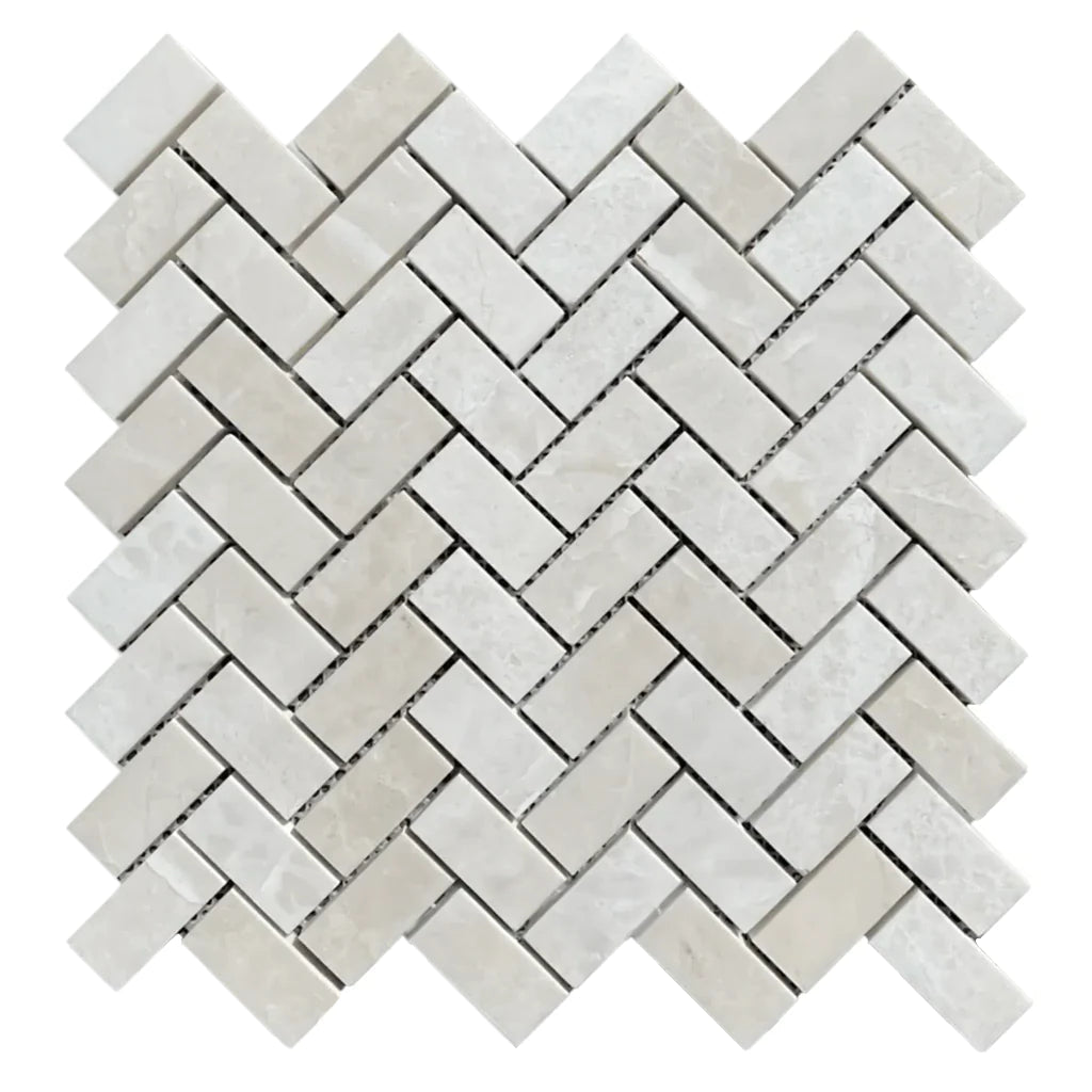 1x2 White Pearl / Botticino Marble Polished Herringbone Mosaic Tile