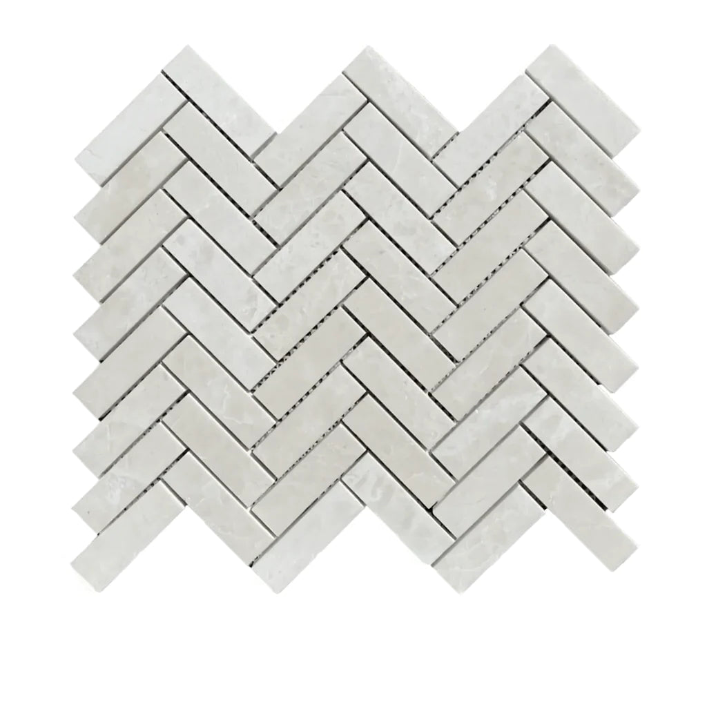 1x3 White Pearl / Botticino Marble Polished Herringbone Mosaic Tile
