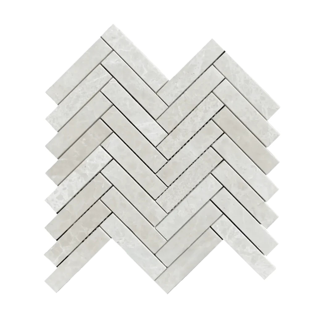 1x4 White Pearl / Botticino Marble Polished Herringbone Mosaic Tile