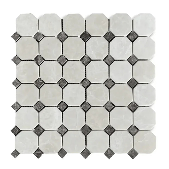 White Pearl / Botticino Marble Polished Octagon Mosaic Tile w/ Emperador Dark Dots
