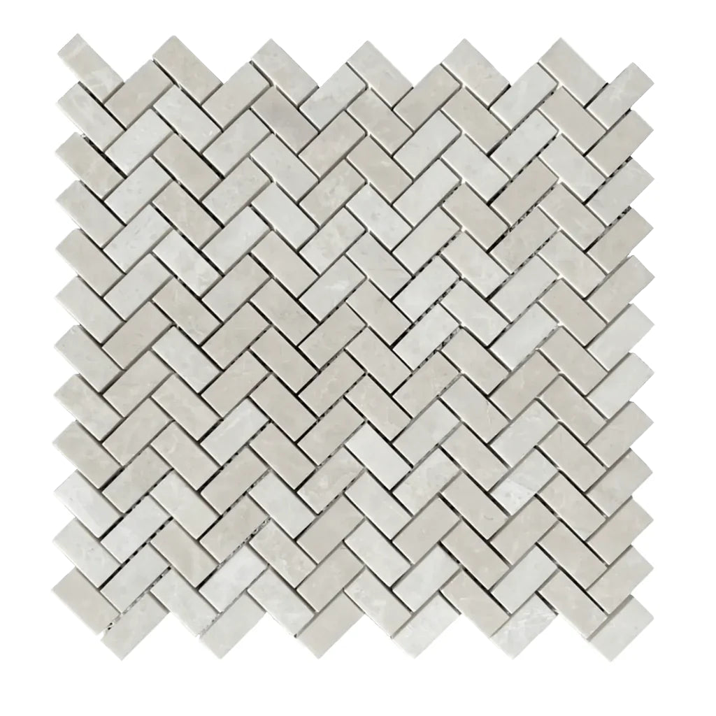 White Pearl / Botticino Marble Polished Mini Herringbone Mosaic Tile