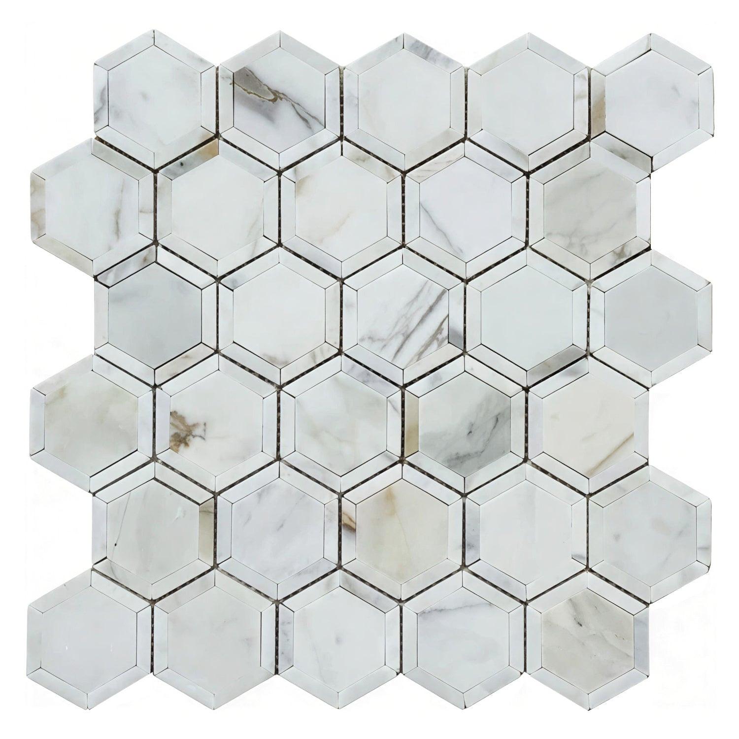 Calacatta Gold Marble Polished 2" Vortex Hexagon Mosaic Tile w/ Calacatta Gold Border Calacatta Gold Marble Polished 2" Vortex Hexagon Mosaic Tile w/ Calacatta Gold Border - American Tile Depot