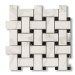 Calacatta Gold Marble Honed Large Basketweave Mosaic Tile w/ Black Dots - American Tile Depot