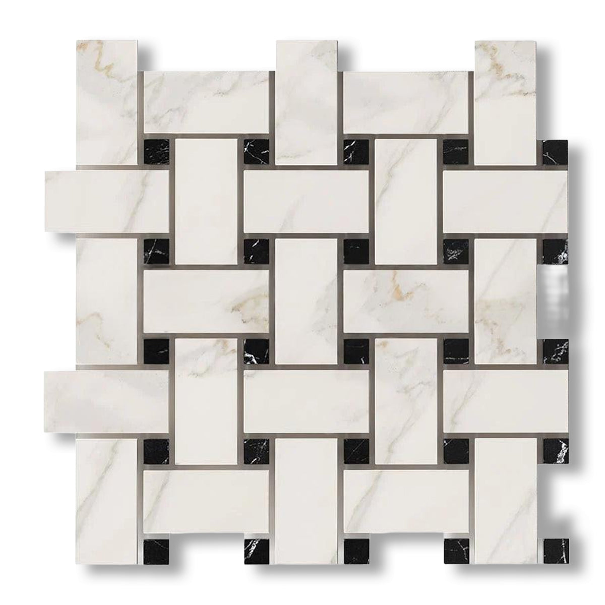 Calacatta Gold Marble Honed Large Basketweave Mosaic Tile w/ Black Dots - American Tile Depot