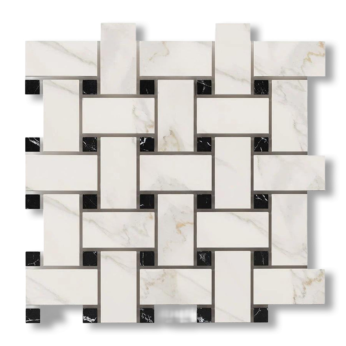 Calacatta Gold Marble Polished Large Basketweave Mosaic Tile w/ Black Dots - American Tile Depot