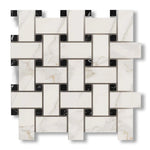 Calacatta Gold Marble Polished Large Basketweave Mosaic Tile w/ Black Dots - American Tile Depot