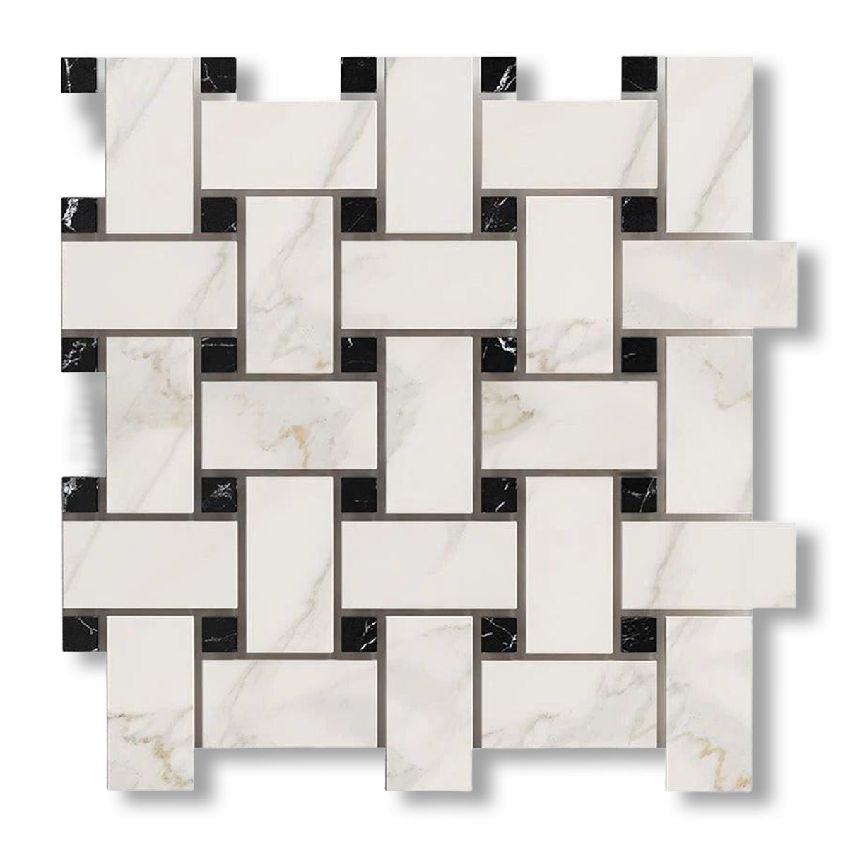 Calacatta Gold Marble Polished Large Basketweave Mosaic Tile w/ Black Dots - American Tile Depot