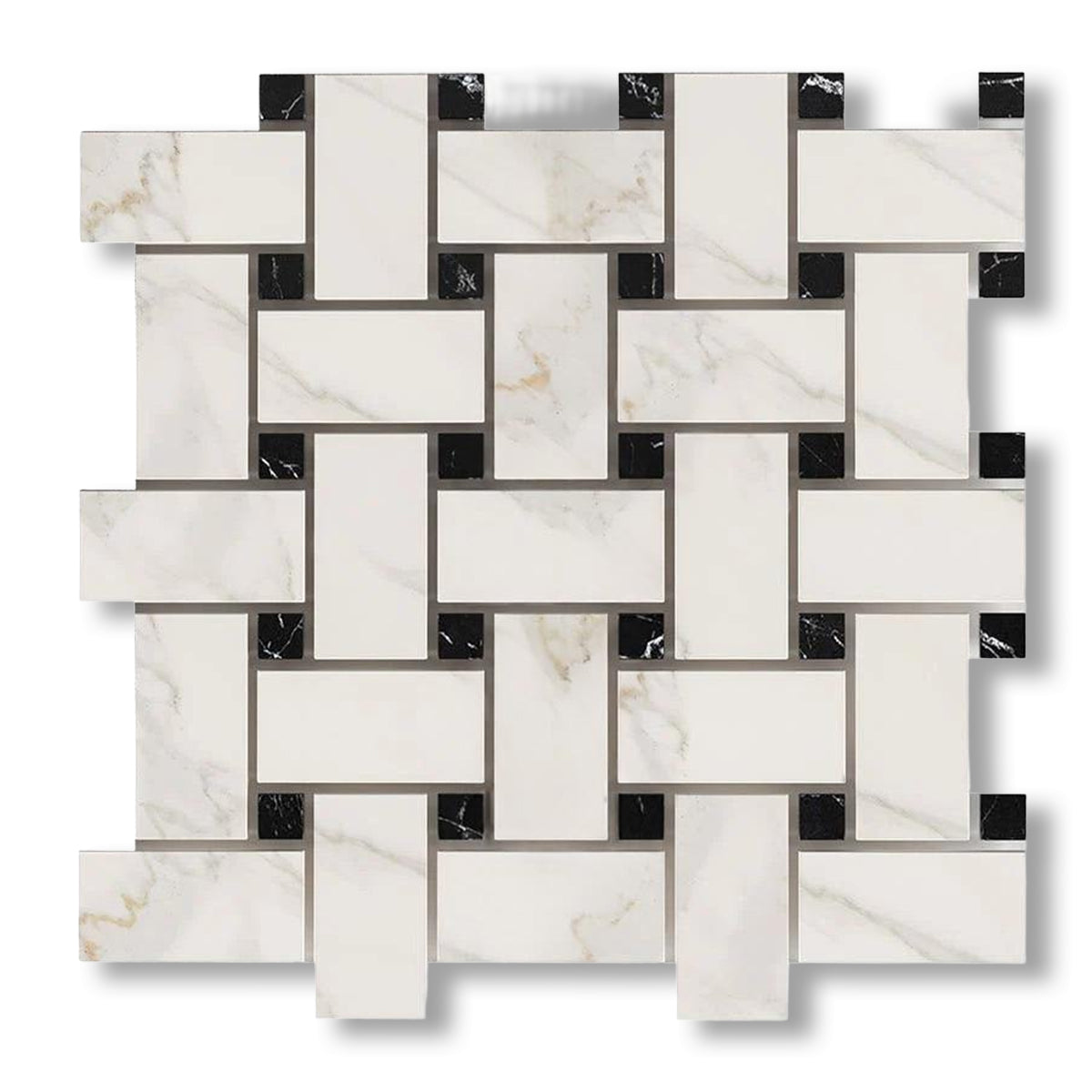 Calacatta Gold Marble Polished Large Basketweave Mosaic Tile w/ Black Dots - American Tile Depot