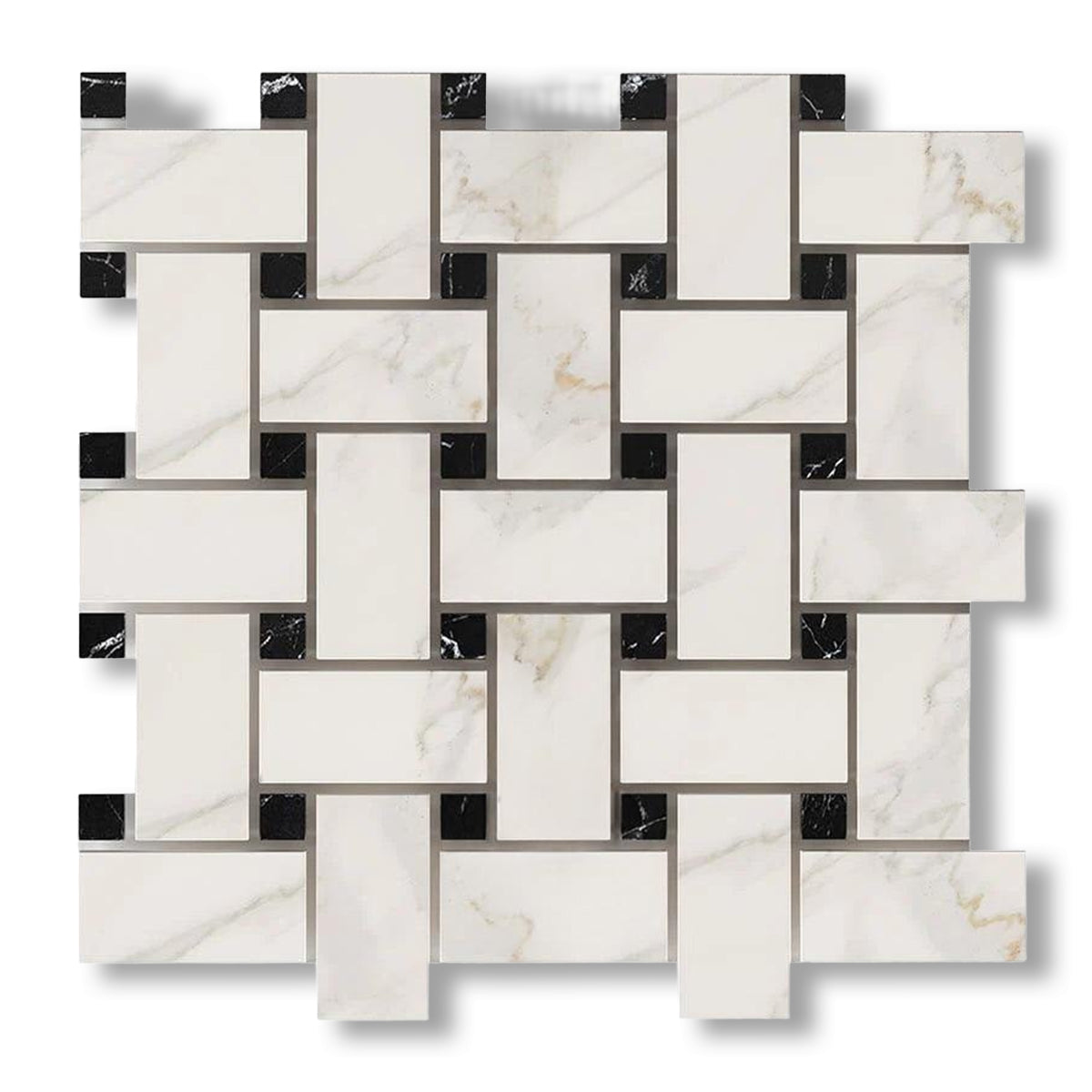 Calacatta Gold Marble Polished Large Basketweave Mosaic Tile w/ Black Dots - American Tile Depot