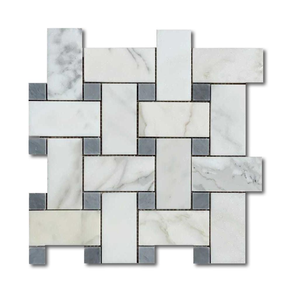 Calacatta Gold Marble Honed Large Basketweave Mosaic Tile w/ Blue-Gray Dots Calacatta Gold Marble Honed Large Basketweave Mosaic Tile w/ Blue-Gray Dots - American Tile Depot