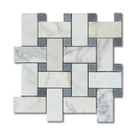 Calacatta Gold Marble Honed Large Basketweave Mosaic Tile w/ Blue-Gray Dots Calacatta Gold Marble Honed Large Basketweave Mosaic Tile w/ Blue-Gray Dots - American Tile Depot