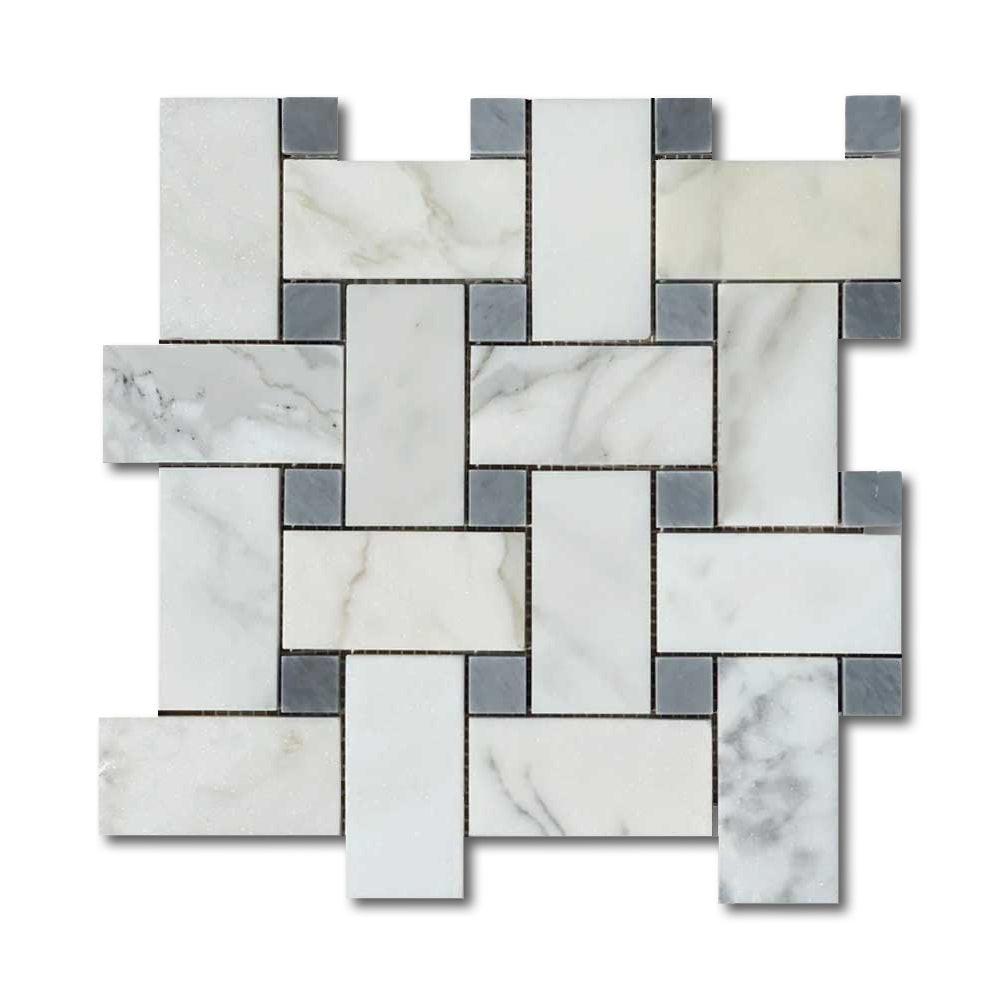 Calacatta Gold Marble Honed Large Basketweave Mosaic Tile w/ Blue-Gray Dots Calacatta Gold Marble Honed Large Basketweave Mosaic Tile w/ Blue-Gray Dots - American Tile Depot