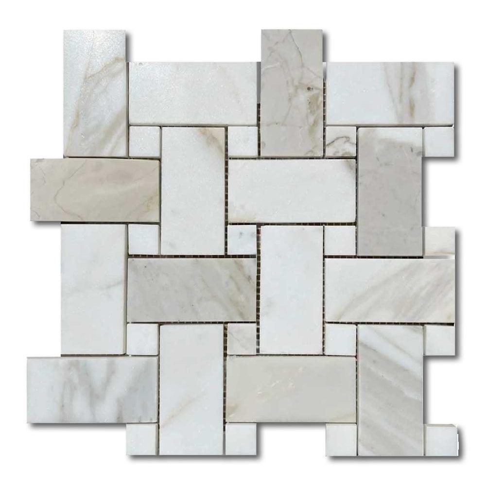 Calacatta Gold Marble Honed Large Basketweave Mosaic Tile w/ Calacatta Gold Dots Calacatta Gold Marble Honed Large Basketweave Mosaic Tile w/ Calacatta Gold Dots - American Tile Depot
