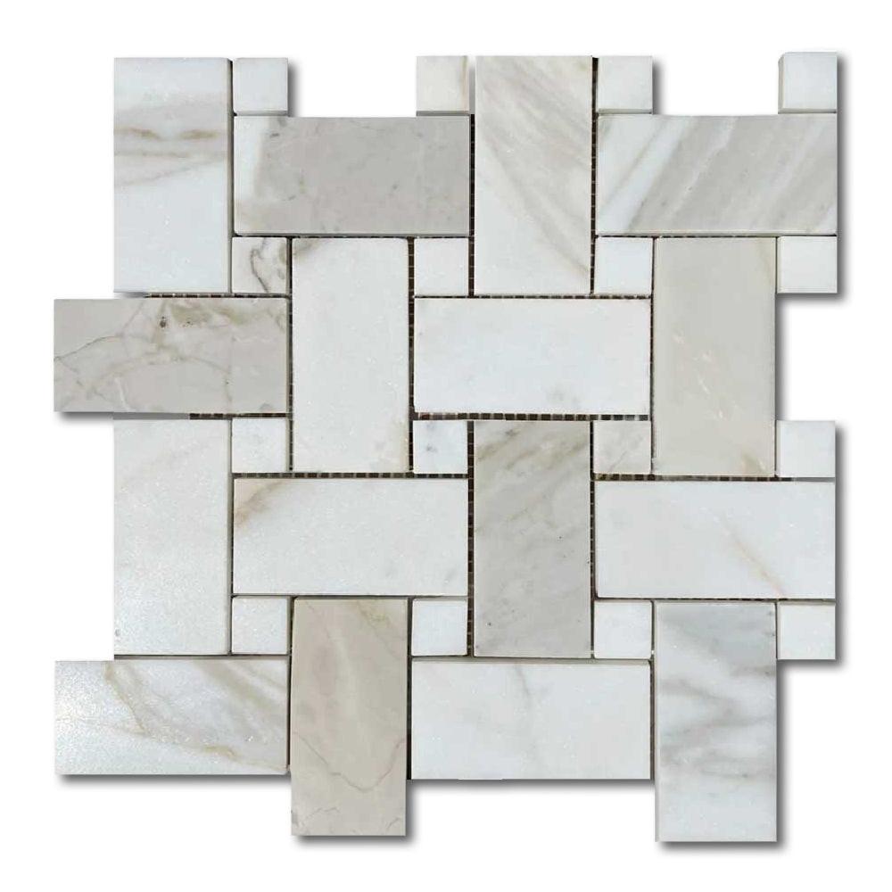 Calacatta Gold Marble Honed Large Basketweave Mosaic Tile w/ Calacatta Gold Dots Calacatta Gold Marble Honed Large Basketweave Mosaic Tile w/ Calacatta Gold Dots - American Tile Depot