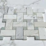 Calacatta Gold Marble Honed Large Basketweave Mosaic Tile w/ Ming Green Dots Calacatta Gold Marble Honed Large Basketweave Mosaic Tile w/ Ming Green Dots - American Tile Depot
