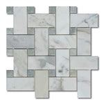 Calacatta Gold Marble Honed Large Basketweave Mosaic Tile w/ Ming Green Dots Calacatta Gold Marble Honed Large Basketweave Mosaic Tile w/ Ming Green Dots - American Tile Depot