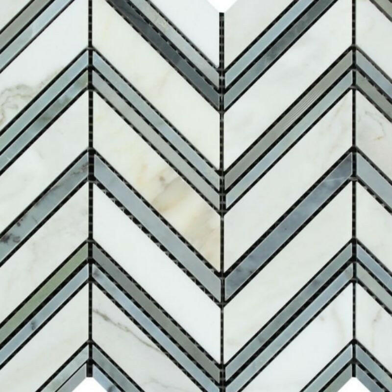 Calacatta Gold Marble Honed Large Chevron Mosaic Tile w/ Blue-Gray Marble Strips Calacatta Gold Marble Honed Large Chevron Mosaic Tile w/ Blue-Gray Marble Strips - American Tile Depot
