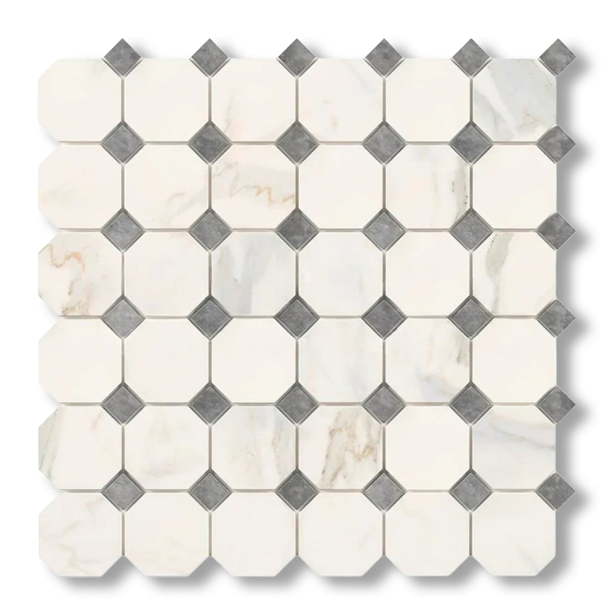 Calacatta Gold Marble Polished Octagon Mosaic Tile w/ Blue-Gray Dots - American Tile Depot