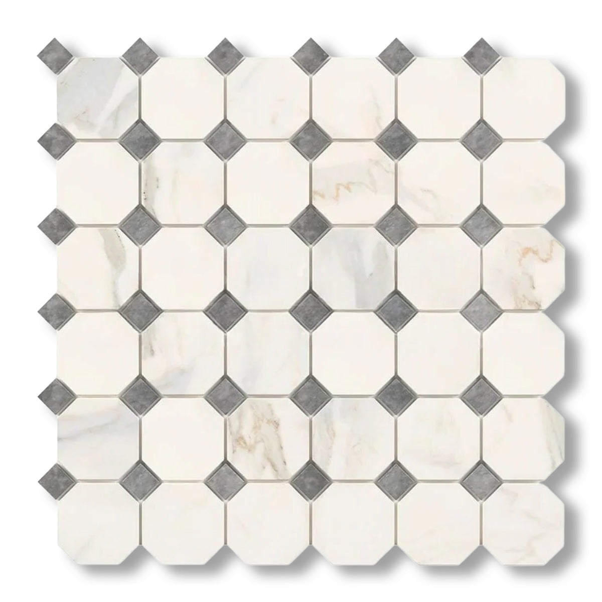 Calacatta Gold Marble Honed Octagon Mosaic Tile w/ Blue-Gray Dots - American Tile Depot