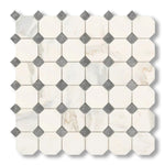 Calacatta Gold Marble Polished Octagon Mosaic Tile w/ Blue-Gray Dots - American Tile Depot