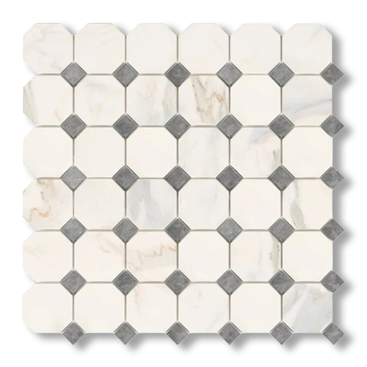 Calacatta Gold Marble Polished Octagon Mosaic Tile w/ Blue-Gray Dots - American Tile Depot