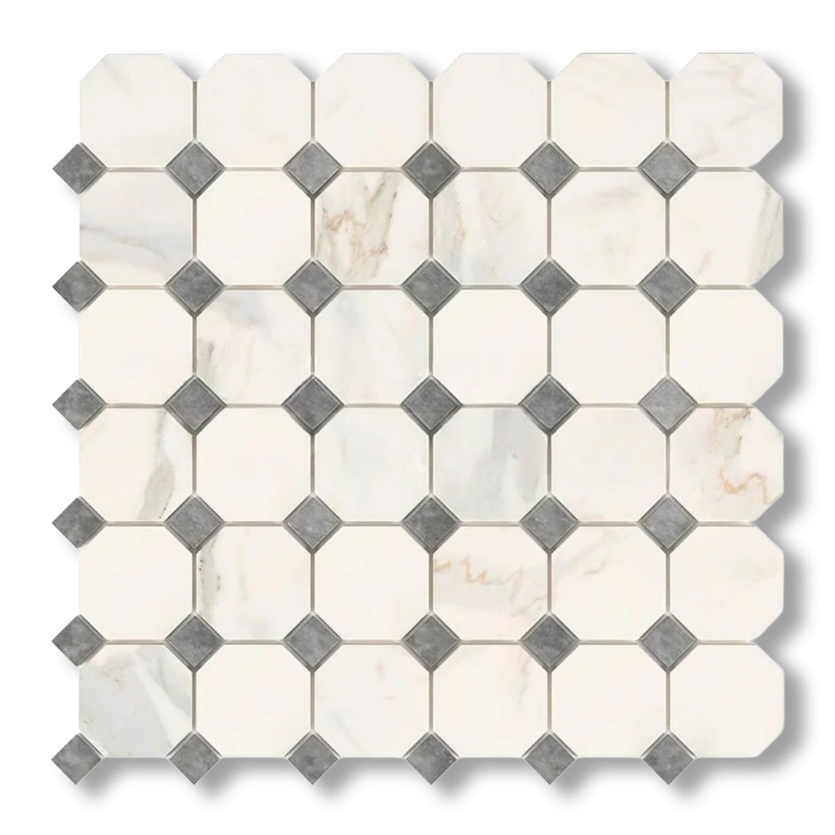 Calacatta Gold Marble Polished Octagon Mosaic Tile w/ Blue-Gray Dots - American Tile Depot