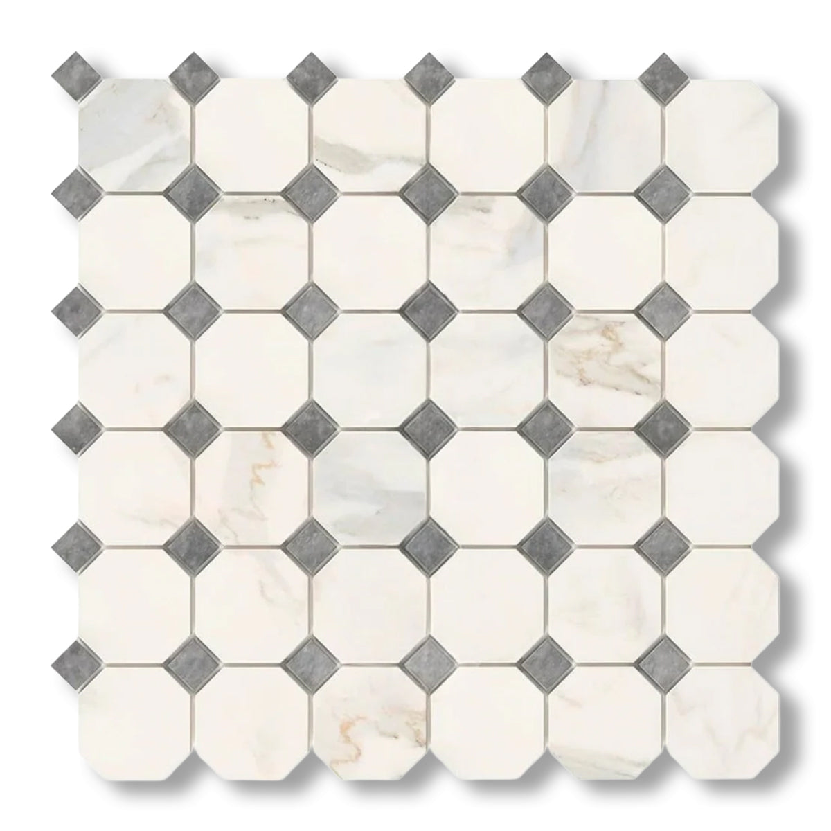 Calacatta Gold Marble Honed Octagon Mosaic Tile w/ Blue-Gray Dots - American Tile Depot
