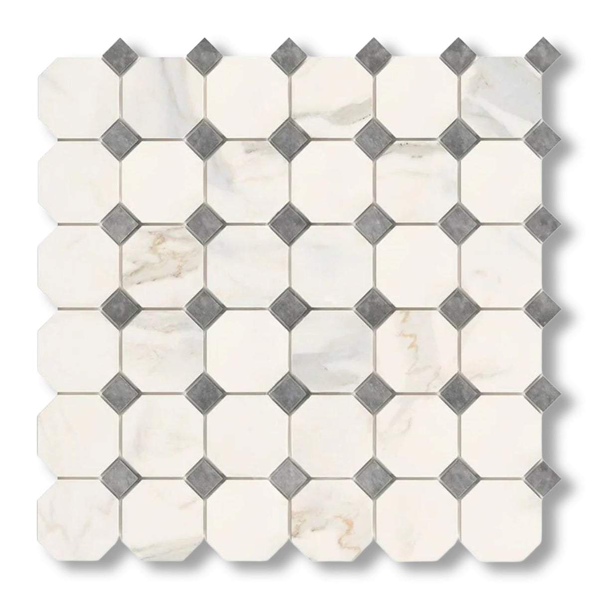 Calacatta Gold Marble Polished Octagon Mosaic Tile w/ Blue-Gray Dots - American Tile Depot