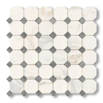 Calacatta Gold Marble Honed Octagon Mosaic Tile w/ Blue-Gray Dots - American Tile Depot