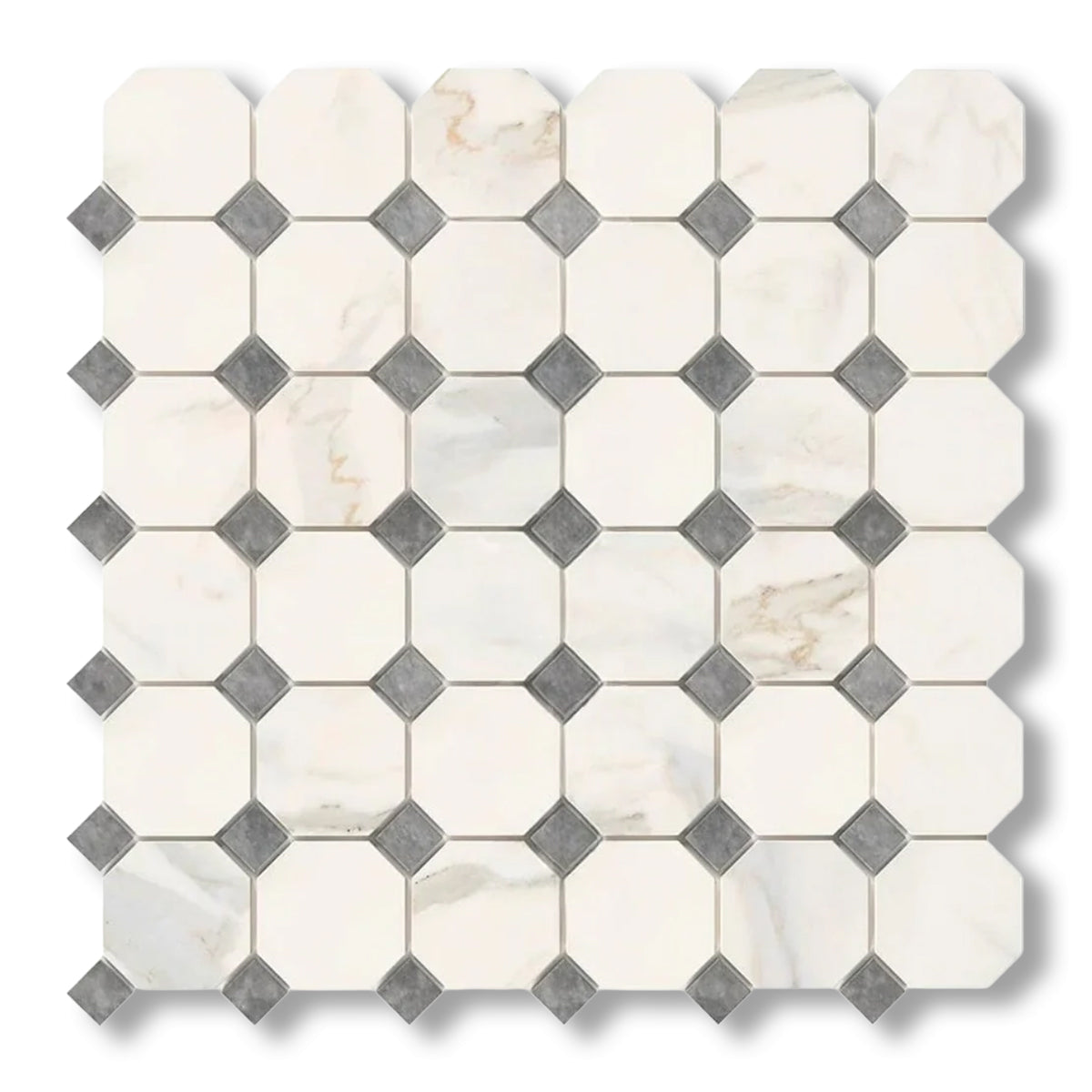 Calacatta Gold Marble Polished Octagon Mosaic Tile w/ Blue-Gray Dots - American Tile Depot