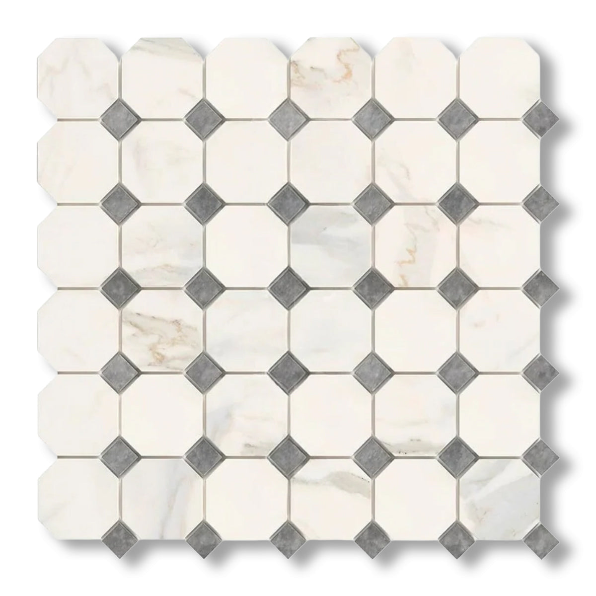Calacatta Gold Marble Polished Octagon Mosaic Tile w/ Blue-Gray Dots - American Tile Depot