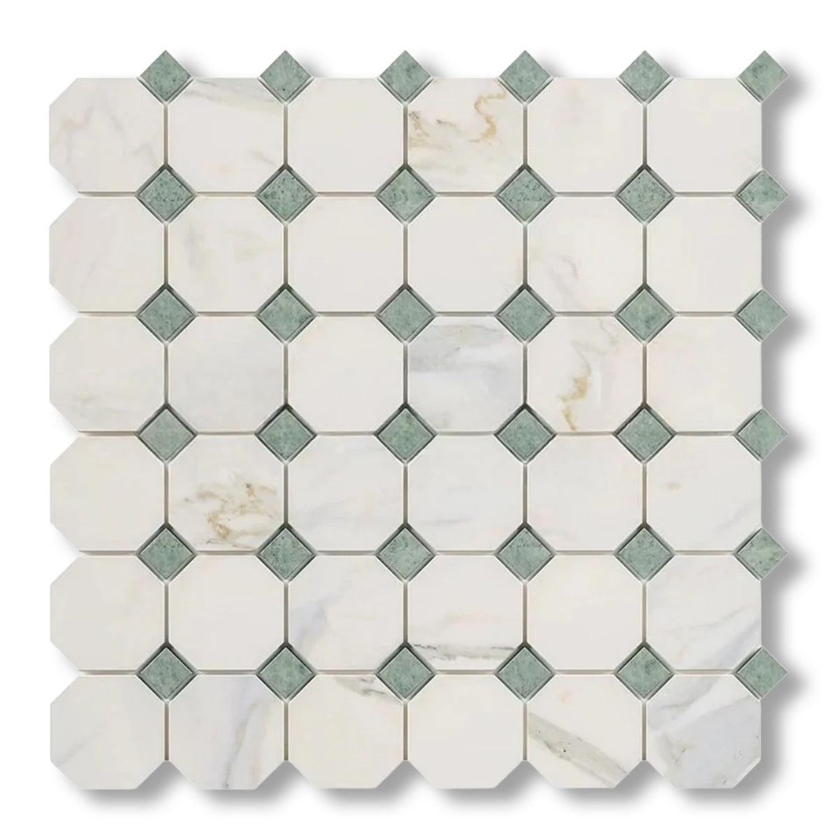 Calacatta Gold Marble Honed Octagon Mosaic Tile w/ Ming Green Dots - American Tile Depot