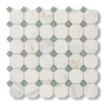 Calacatta Gold Marble Polished Octagon Mosaic Tile w/ Ming Green Dots - American Tile Depot