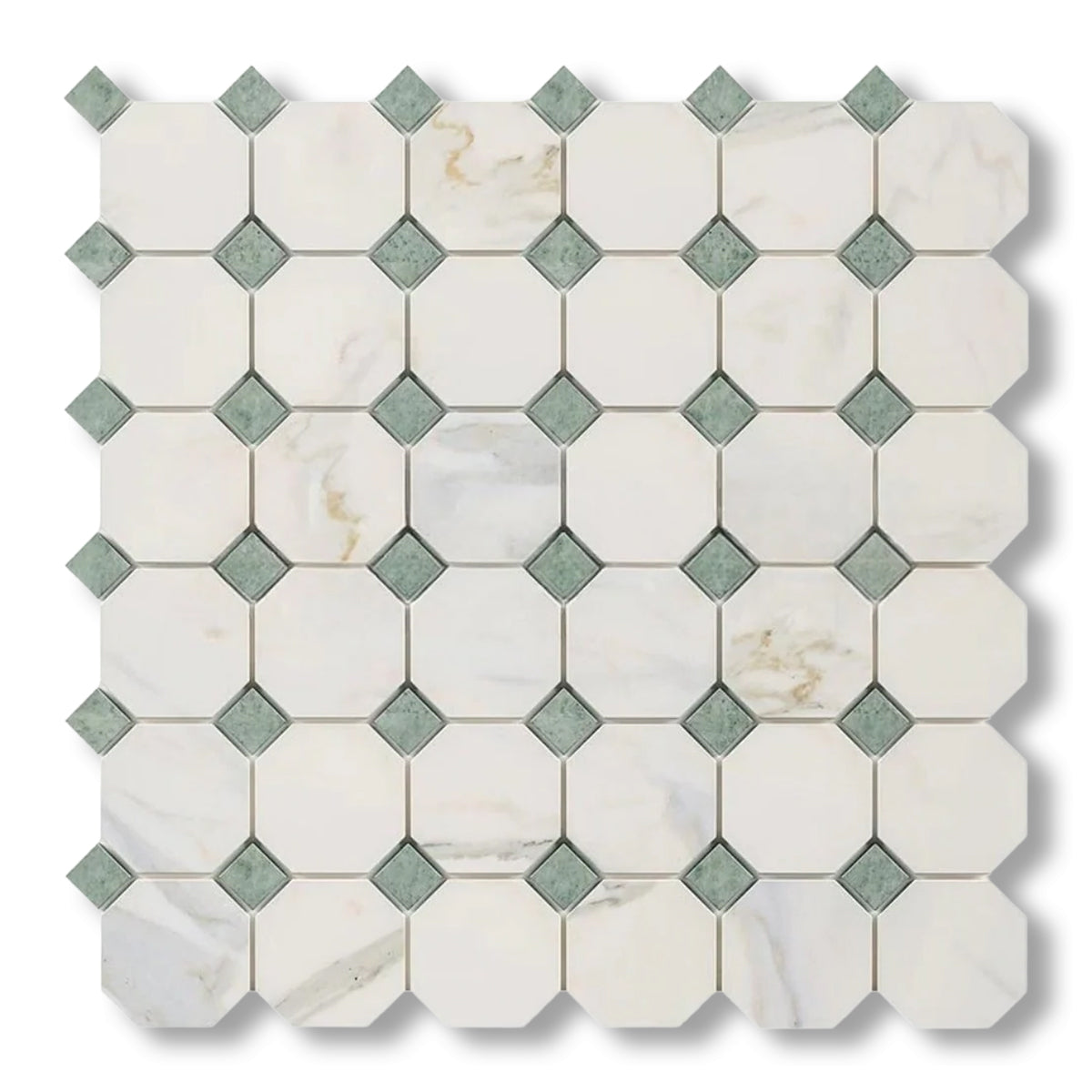 Calacatta Gold Marble Polished Octagon Mosaic Tile w/ Ming Green Dots - American Tile Depot