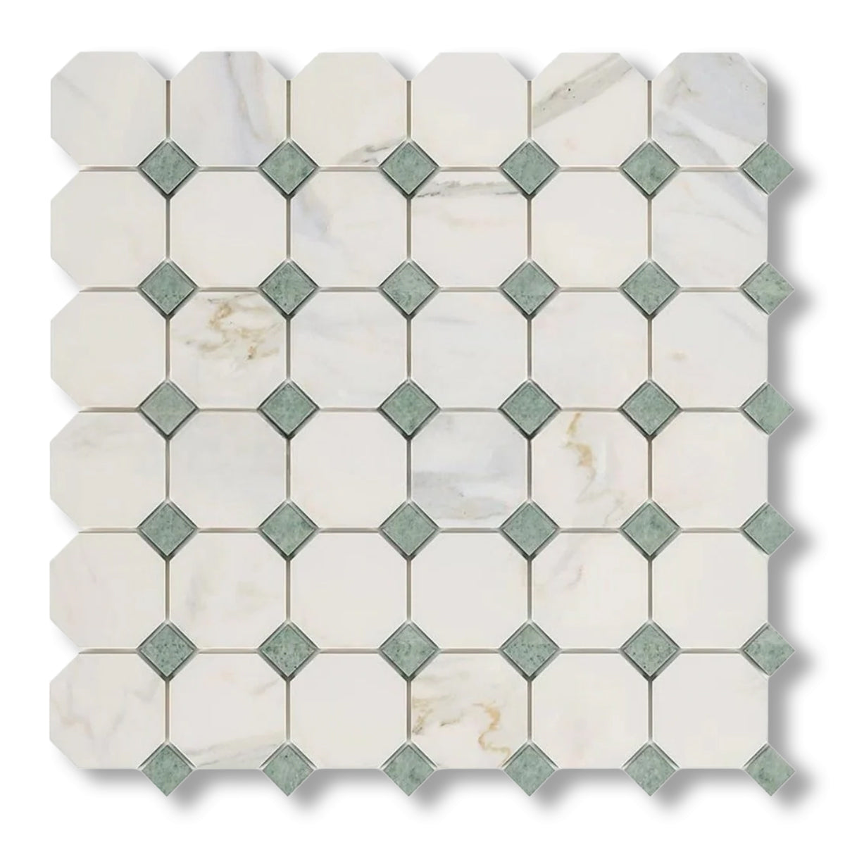 Calacatta Gold Marble Polished Octagon Mosaic Tile w/ Ming Green Dots - American Tile Depot