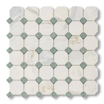 Calacatta Gold Marble Polished Octagon Mosaic Tile w/ Ming Green Dots - American Tile Depot