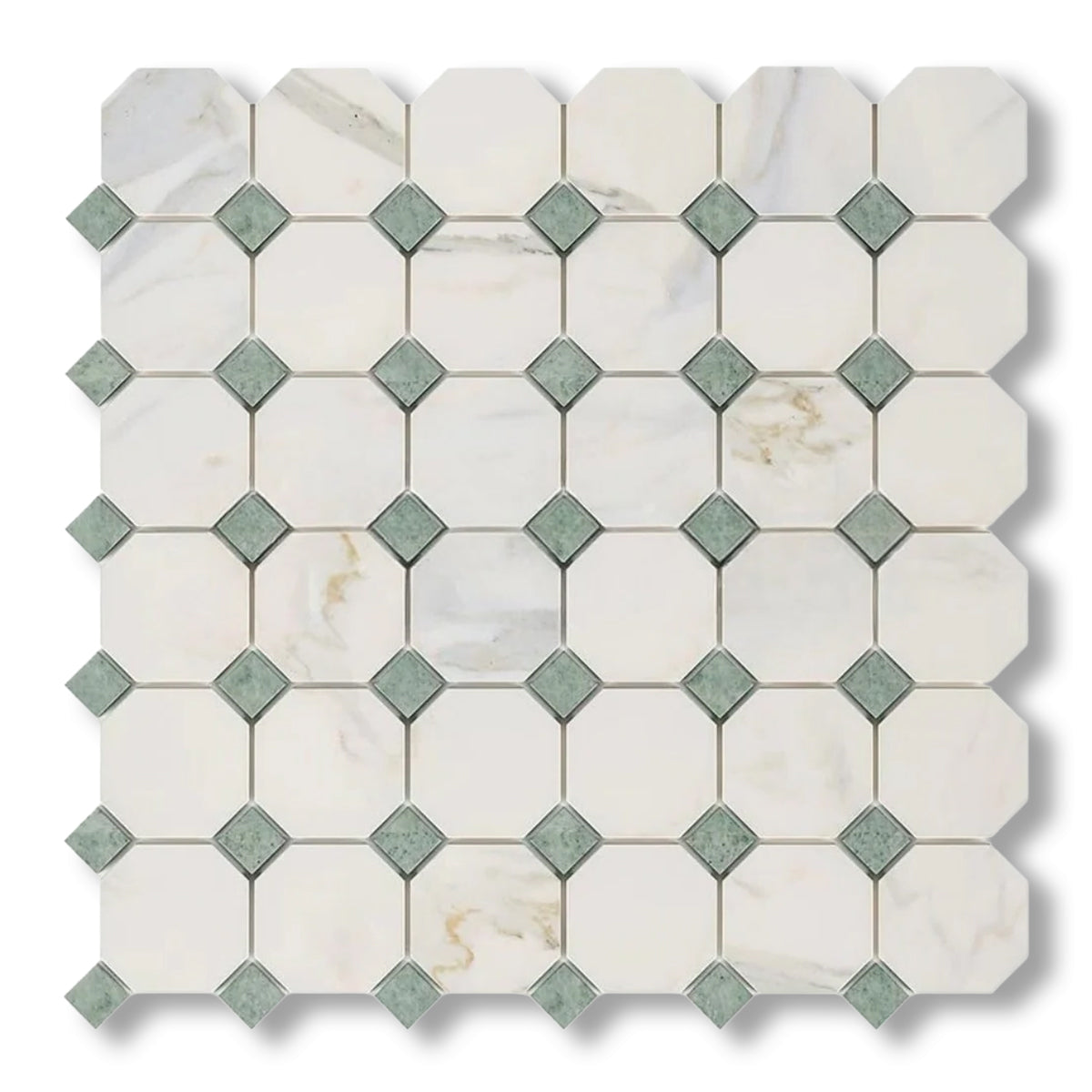 Calacatta Gold Marble Polished Octagon Mosaic Tile w/ Ming Green Dots - American Tile Depot