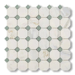 Calacatta Gold Marble Honed Octagon Mosaic Tile w/ Ming Green Dots - American Tile Depot