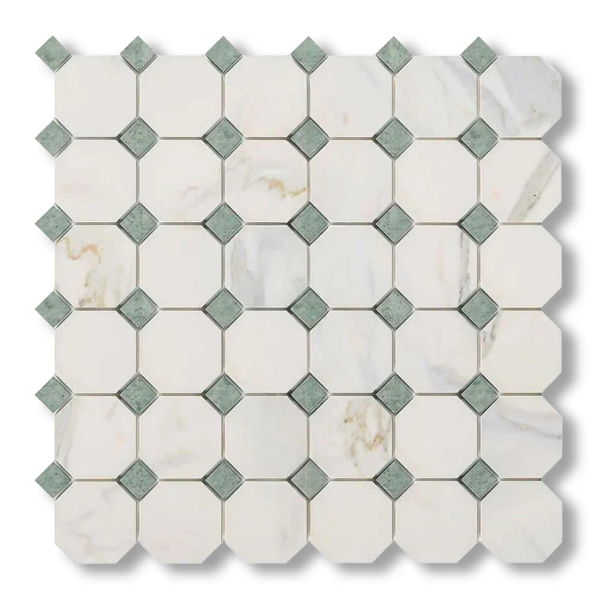Calacatta Gold Marble Polished Octagon Mosaic Tile w/ Ming Green Dots - American Tile Depot